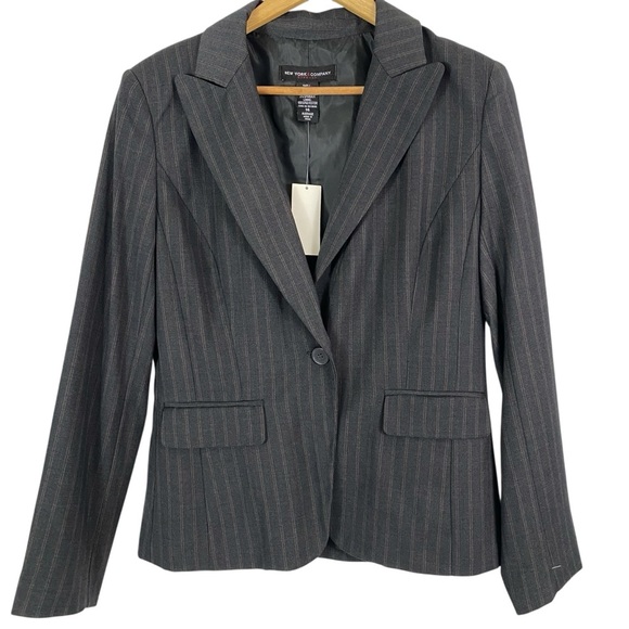 Jones New York Jackets & Blazers - New York & Company Womens Blazer 14 Bluish-Gray One-Button Striped Career Office